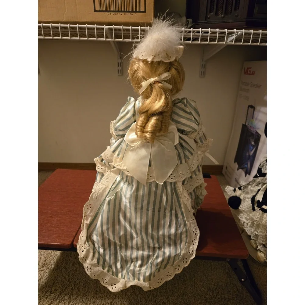 Dynasty‎ Doll Collection Porcelain Doll Blue Striped Victorian Dress Parasol